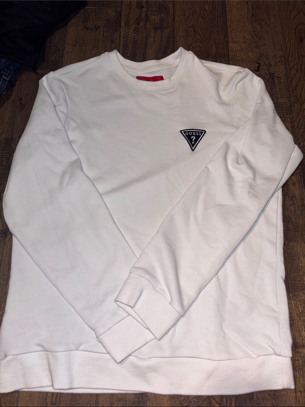 Guess White Crewneck Sweatshirt with Navy Triangle Logo